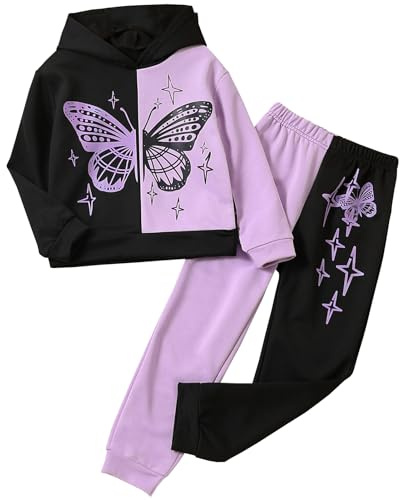 Amur Leopard Survêtement Enfant Fille Imprimé de Papillon Ensemble de Sport 2pcs Sweatshirt à Capuche + Pantalons Costume jogging, Noir-Violet, 140/8-9 Ans