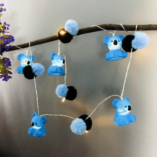Riaxuebiy Cute Koala Pom Poms String Lights Battery Operated LED Cuddly Fluffy Stuffed Balls Fairy Lights for Bedroom Child Room Birthday Party Decoration (1.65m/10led)