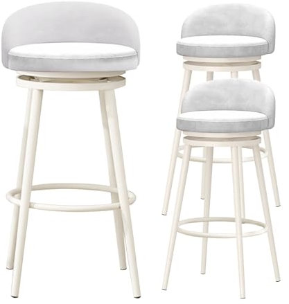 Juego de 3 taburetes de bar giratorios de terciopelo moderno con respaldo bajo, taburetes de cocina tapizados en terciopelo blanco