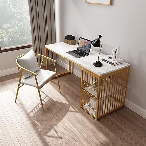 WLCNYL Computertisch mit Ablageflächen, moderner, Schlichter Schreibtisch fürs Arbeitszimmer, weißer Home-Office-Schreibtisch, Gaming-Schreibtisch mit goldenen Beinen, 47 Zoll
