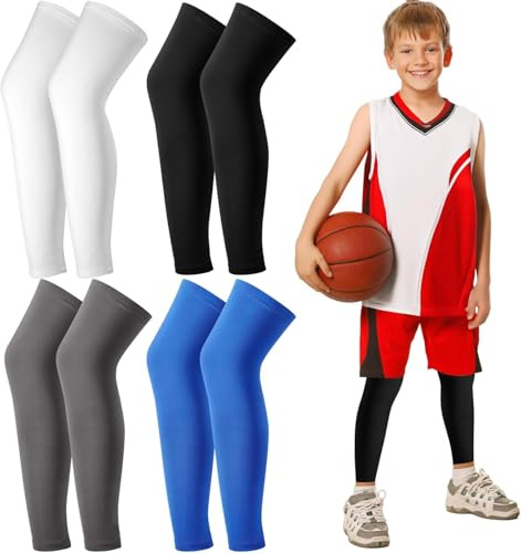 EOGRFW 4 pares de mangas de compresión para las piernas infantiles, mangas largas de compresión para las piernas, protección solar UV, para niños y niñas, baloncesto, fútbol, negro, blanco, azul,