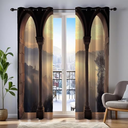 2Er Set Blickdicht Vorhänge Wohnzimmer, 3D Architektur Muster Blickdicht Schlaufenschal Retro Verdunkelungsvorhang, Lärmminderung Gardinen Fensterdekoration H160 X B140 cm