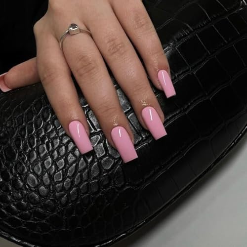SXVME Baby Pink Press on Nails Long Square, Light Pink False Nails Medium Coffin, Glossy Gel Fake Nails Press on, Sheer Gel Stick on Nail for Women, 24 Pcs
