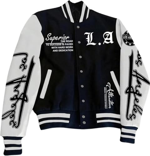 Vagbalena Men's Spring Varsity Baseball Jacket Colorblocked Monogram Printed Long Sleeve Casual Baseball Jacket Personalized Varsity Jacket (black,M)