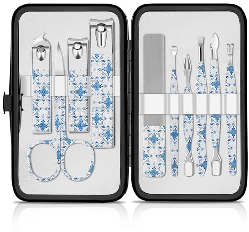 Uliya Maniküre Set 10-tlg. Professionelles Nagelknipser Pediküre Kit | Pflegeset aus Edelstahl Nagelpflege Werkzeuge mit luxuriöser Leder Reisetasche Für die Reise, Für zu Hause (Blau und Weiß)