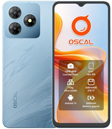OSCAL Flat 2C Handy Ohne Vertrag | Android 14, 6GB RAM + 64GB ROM, 2TB TF | Octa-Core, 6,56” HD+, 5000mAh Akku, 13MP+8MP Kamera Smartphone Günstig Neu | Dual SIM, Simlockfrei, GPS, 2 Jahre Garantie