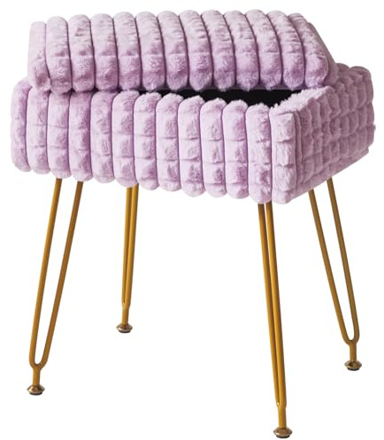 IBUYKE Rectangle Vanity Chair with Storage Space, Footrest Footstool Ottoman, Vanity Stool, Dressing Table Chair, with Anti-Slip Feet, for Makeup Room, Bedroom, Square Grid Pattern, Purple WBD004V