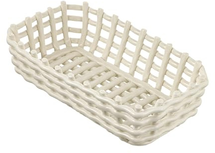 Baroni Home Cesta trenzada multiusos de cerámica, frutero, centro de mesa, vaciabolsillos rectangular, color blanco, 25 x 15 x 7 cm