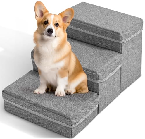 Jradse Scaletta per Cani 3 Gradini, Scala Pieghevole Scala per Cani e Gatti con Scatole Portaoggetti e Gatti Piccoli per Divano e Letto, 60cm x 36cm x 30cm