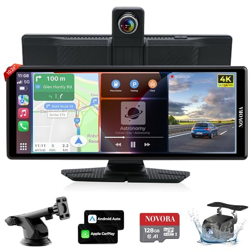 NOVORA 10.26” Wireless CarPlay Screen with 360° Rotation Camera, 4K Dash Cam, 1080p Rear Camera, Android Auto, GPS, Mirror Link, Siri/Google Voice Control, HD Touch Display + Free 128GB TF Card