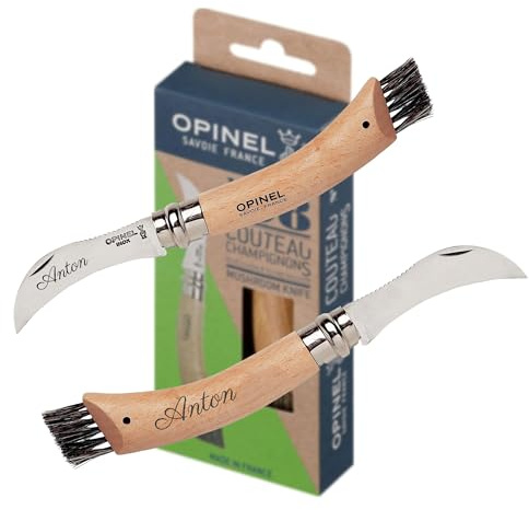 OPINEL Pilzmesser N°08 mit Bürste & persönlicher Gravur – hochwertiges Klappmesser für Pilzsammler aus Edelstahl und Buchenholz