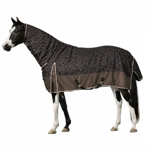 netproshop Leichte wasserdichte Regendecke mit Halsteil 0g atmungsaktiv mit Hufeisen-Print Größe 125-165 cm, Groesse:155, Farbe:Braun