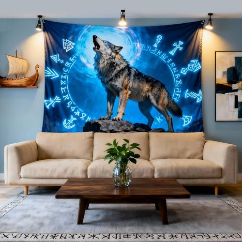 WIERAEM Wikinger Wandteppich, Wolf Totem Meditation Runen Wandtuch, Nordische Mythologie Viking Wandteppich, für Schlafzimmer Wohnzimmer Wandbehang Deko (200cmX150cm- Modell A)