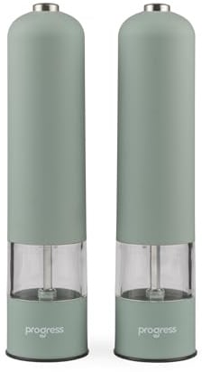 Progress Neutrals Electric Salt and Pepper Mill Set, 2 Piece, Sage | Adjustable ceramic grinding mechanism, one-touch automatic operation, built-in LED light, battery-operated cordless use