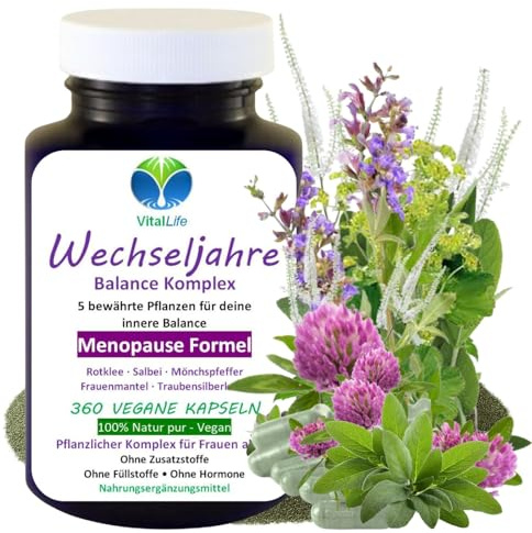 Wechseljahre Komplex vegan 360 vegi Kapseln, Menopause Formel, Hormon Balance für Frauen ab 40 - Rotklee, Salbei, Mönchspfeffer, Traubensilberkerze, Frauenmantel. OHNE ZUSATZSTOFFE. 27420-360