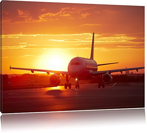 Pixxprint Flugzeug im Sonnenuntergang, Größe: 80x60cm, Leinwandbild, fertig gespannt, Wandbild, Dekoration, Kunstdruck, kein Poster