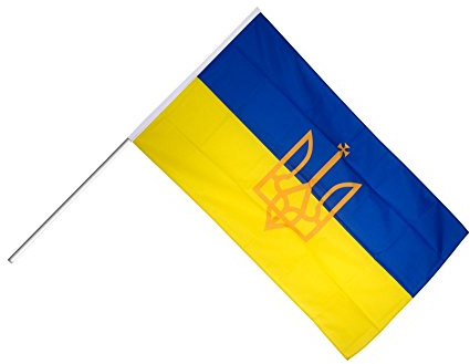 Flaggenfritze Große Stockflagge/Stockfahne Ukraine mit Wappen + gratis Sticker