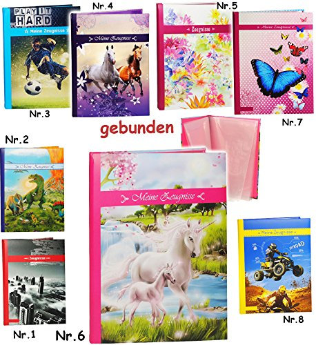 A 4 - Zeugnismappe/Zeugnisbuch - Meine Zeugnisse Einhorn mit Fohlen - GEBUNDEN mit festen Seiten - A4 - Softcover - Dokumentenmappe - für Kinder u..