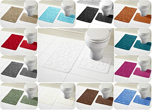 Voice7 Luxury 2 Piece Cali Circles Bath and Pedestal Mat Set - Non Slip Rubber Backing & Comfortable - Choose from 15 Stunning Colors (White, UK Size)