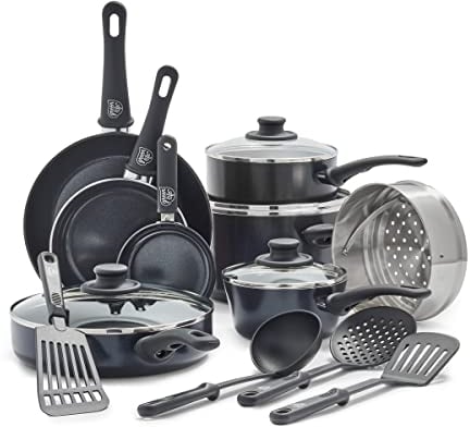 GreenLife Soft Grip Healthy Ceramic Nonstick 16 Piece Kitchen Cookware Pots and Pans Set, Includes Frying Pan Skillets Sauce and Casserole, PFAS-Free, Oven Safe, Black