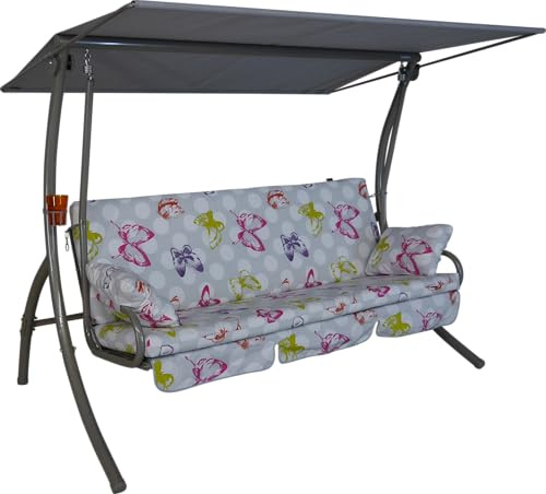 Angerer Hollywoodschaukel Dream – Schaukel zum Sitzen, Liegen & Entspannen, inkl. Bett-Funktion, einfache Montage, Made in Germany, waschbare Kissenbezüge, Beige-Bunt Schmetterling