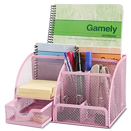 Flexzion Schreibtisch-Organizer, rosa Metallgeflecht, Büro-Schreibtisch-Zubehör, Organizer, Organizer, Schreibtisch-Zubehör-Set für Damen, Herren, Studenten, 6 Fächer mit Schublade und Stifthalter,