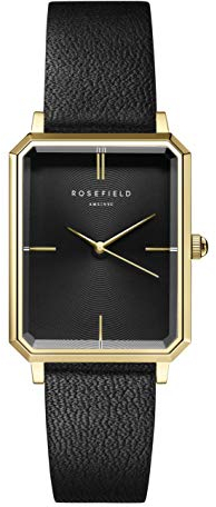 Rosefield Octagon Black Sunray Black Leather Gold mit Schwarzes Zifferblatt und 23 x 29 mm Goldgehäuse OBSBG-O49 Leder