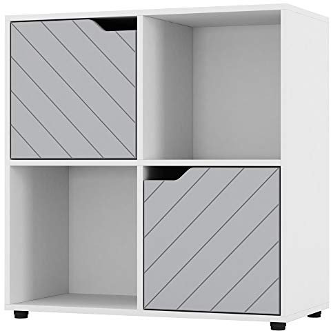 URBNLIVING Weißes Holz-Würfel-Bücherregal mit Linie Türen Display Regal Lagerregal Schrank Modern (graue Tür, 2x2 Würfel (4 Würfel))