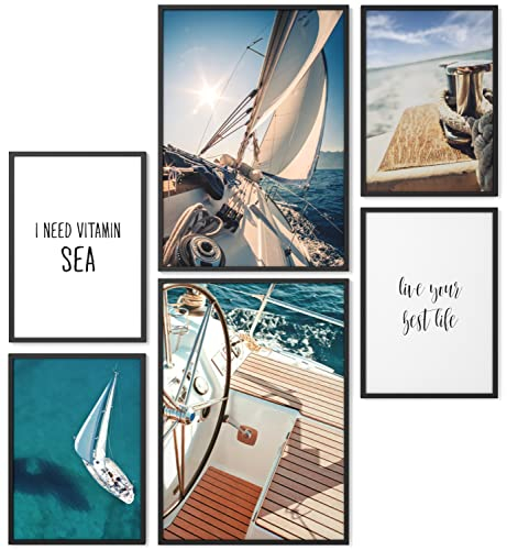 Papierschmiede® Mood Poster Set Segeln, Gerahmte Bilder (Rahmen: Material und Farbe wählbar), Wohnzimmer Deko Schlafzimmer, 2x DIN A3 und 4x DIN A4, Meer Wind Ozean Sonne Blau