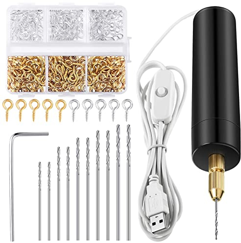 Leifide Elektrisches Harzbohrer-Set, inklusive 300 Gold- und Silber-Augenschrauben, 10 Spiralbohrer-Bits, elektrische Mini-Bohrer mit Schraubenschlüssel, DIY-Schlüsselanhänger, Basteln