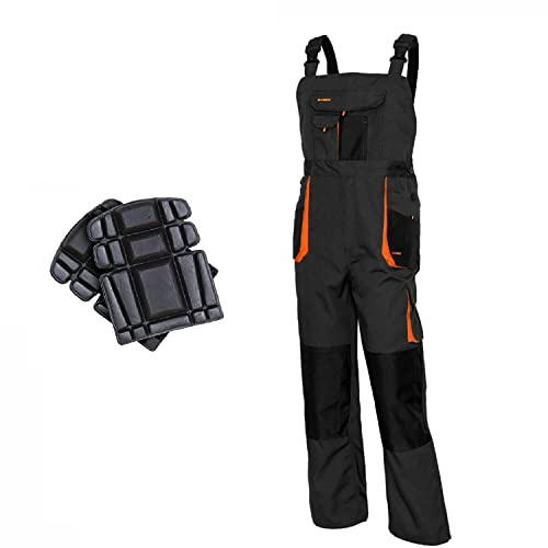 Latzhose mit Latzhose für Herren, mit Knieschützern, perfekt für Arbeit, Mechaniker, Bodenbeläge, Grau - Orange, 40/42 - 58EU