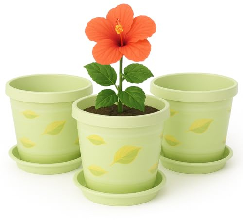 Home Garden Ornaments Plant Pots Indoor Outdoor Decorative Plastic Flower Pots with Saucer, Pistachio Green Leaves Pattern – Set of 3, Indoor Plant Pot (15 cm / 5.9 inch)