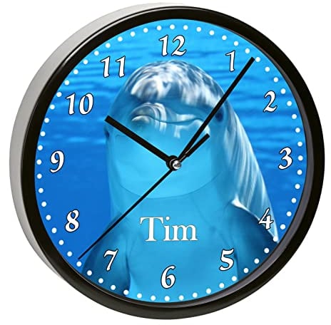 CreaDesign, Wanduhr Kinder personalisiert mit Name, Motiv Delfin, Rahmen Wanduhr schwarz, Ø 19,5 cm