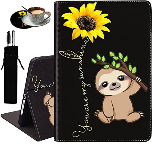 Schutzhülle für iPad 9.7 2018/2017, iPad Air/Air 2, mit Untersetzer, verstellbarem Ständer, automatische Wake-/Sleep-Funktion, Smart-Cover für iPad 6. / 5. Generation, Sonnenblume und Faultier