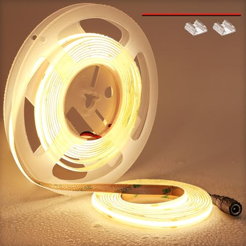 TOPAI COB LED Streifen Warmweiss 5M Wasserdicht, 24V LED Strip 3000K Aussenbereich IP65, CRI>93 Sehr Hell 4000lm LED Band Selbstklebend, 480LEDs/M Flexible Schneidbar für Küche Wohnzimmer Dekoration