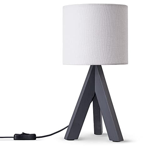 Paco Home Tischleuchte Dreibein Nachttischlampe Stehlampe Schlafzimmer E27 Stoff Lampenschirm E14 Mit Schalter Einfarbig, Farbe:Weiß (Ø17 cm), Leuchtenart/Farbe:Tischleuchte - Schwarz