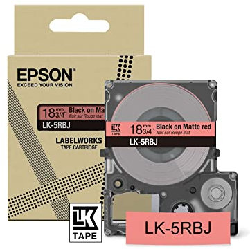 Epson Etikettenkassette, mattes Beschriftungsband LK-5RBJ schwarz auf rot, langlebiges Band für Epson LabelWorks Etikettendrucker, wasser- & verschleißfest, 8 m x 18 mm