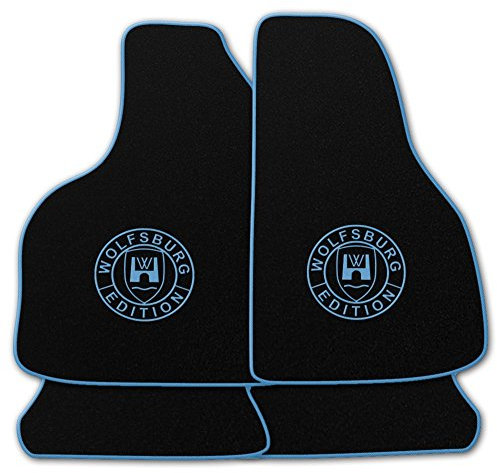 AUTOTEPPICH-Stylers NF100 Schwarze Fußmatten passend für VW Golf 7 + 8 mit Logo Wolfsburg Edition WOB und Rand in hellblau
