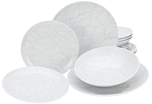 CreaTable, 25869, Serie Blätter - Serie Home, 12-teiliges Geschirrset, Teller Set aus Porzellan, spülmaschinen- und mikrowellengeeignet, Made in Europe