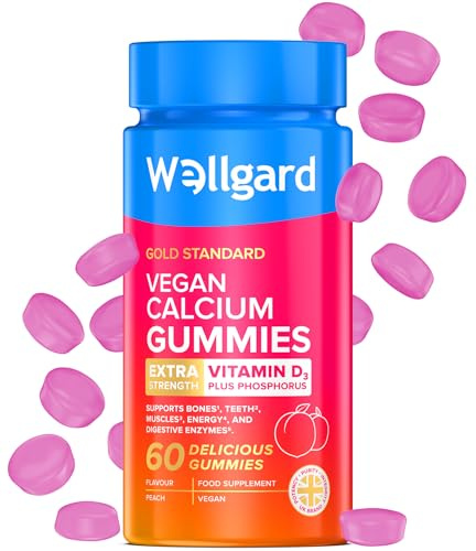 Wellgard Vegan Calcium Gummies for Women & Adults, Extra Strength with Vitamin D3 & Phosphorus, Chewable Calcium for Bones, Teeth & Muscles, Peach Flavour, Gluten Free, 60 Gummies