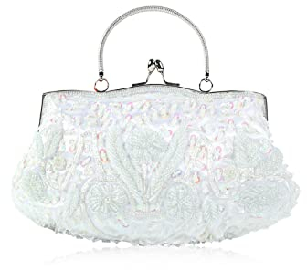 CORIOS Damen Handgemachte Perle Handtasche Floral Abendtasche Vintage Clutch Tasche Elegante Schultertasche Klein Tasche Kette Umhängetasche Hochzeit Bankett-Party Abschlussball Tasche Weiß