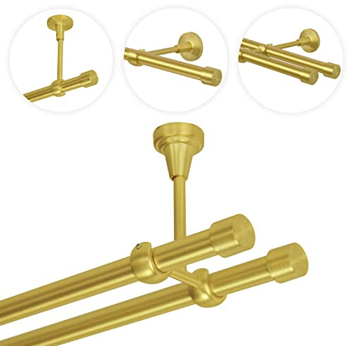 Gardinenstange 360 cm Deckenmontage | Vorhangstange 2 läufig Ø 19mm | Gold-Matt Messing Antik Vintage-Look Retro-Stil | Endkappe