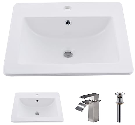 Jshozzy Fregadero de baño rectangular de cerámica de porcelana blanca de 21 x 18 pulgadas con grifo y drenaje, combo de lavabo