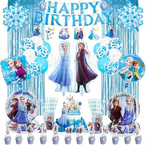 94 Pieces Froze Birthday Decorations, Party Decorations with Plates Cups and Napkins Balloon Banner, Party Tableware Party Supplies for 10 Guests