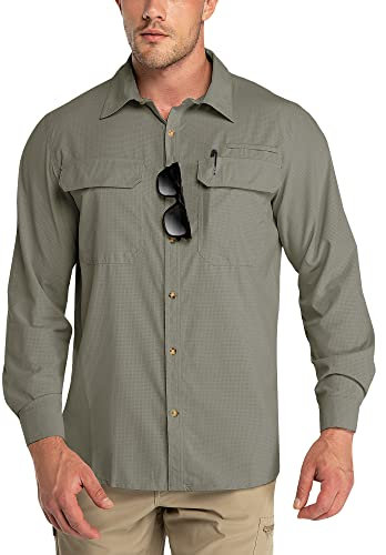 Outdoor Ventures Men's Long Sleeve Shirts UV Protection Outdoor Shirts Breathable Button-Down Shirt Wicking Quick Drying Safari Shirt with Pockets for Hiking Fishing Golfing, Grey Green, XXL