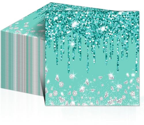 Servietten mit Glitzer-Motiv für Happy Birthday, Party-Dekorationen, Frühstück, hellblau, türkis, Diamant-Party-Servietten für Mädchen, Frauen, Babyparty, Kuchen, Tischdekorationen, 100 Stück