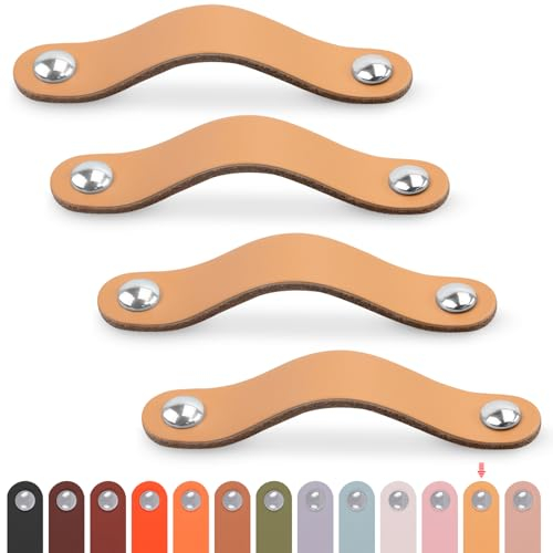 LEREATI Ledergriffe für Möbel 4 Stück Schrankgriffe mit Schrauben Möbelgriffe Vintage Schubladengriff Knöpfe Möbelgriff Leder für Küchenschränke Schränke Bad (Beige, für 128mm Loch Mitte)