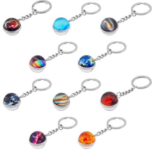 HOBBIESAY 10 Style Planète Thème Alliage Porte Clés Univers Lumineux Porte Clés Céleste Porte Clés Double Face Boule de Verre Porte Clés Galaxy Clé Charms Passionnés de L'Espace Cadeaux