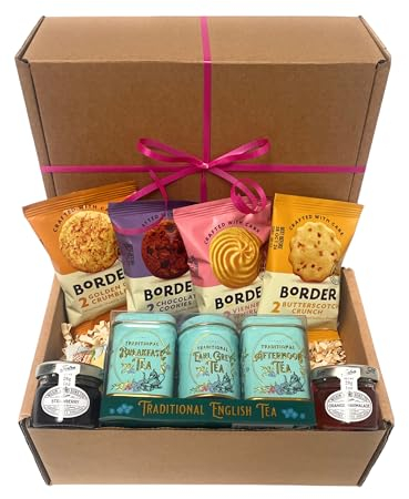 Tea Gift Set Hamper for Mothers with Border Biscuits, Marmalade & Strawberry jam with Afternoon, Breakfast and Earl Grey Loose Tea for Tea Lovers Mini English Tea Tins