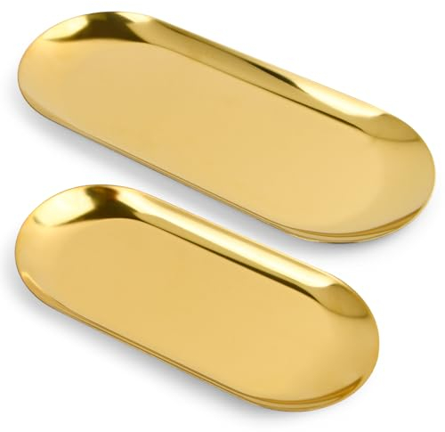 Shengxi 2 Piezas Bandeja de Plato Dorado Bandeja de Almacenamiento Ovalada Plato Organizador de Cosméticos Plato de Decoración en Acero Inoxidable para Postre Joyas Velas (18cm+22cm)